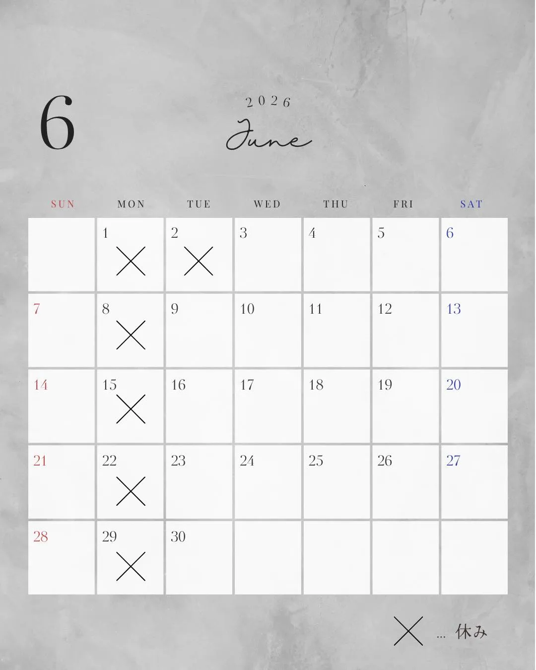 6月営業日カレンダー